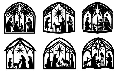 Obraz premium Six black and white nativity scene illustrations in arched frames with star details and silhouette style