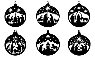 Silhouette christmas ornaments depicting nativity scenes with stars and religious figures in black and white