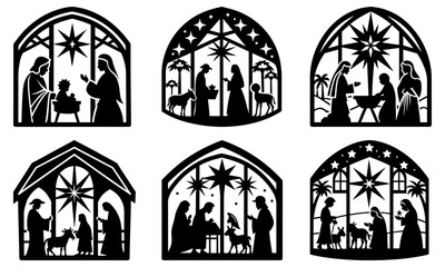 Silhouetted nativity scenes in arched frames with stars and figures of holy family and animals