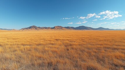 Fototapeta premium Golden, dry grassland stretching to distant mountains under a clear sky