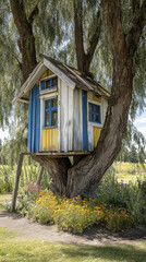Colorful small wooden treehouse stands high in an old oak tree. Rustic outdoor structure in nature evokes playful childhood imagination