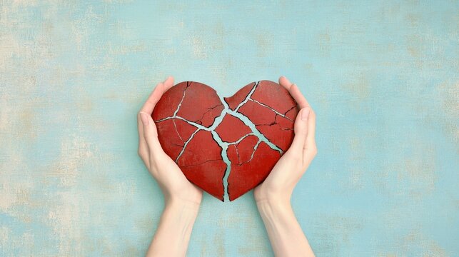 Cracked Heart in Tender Hands, a poignant symbol of emotional fragility against a soft pastel blue backdrop, evoking care and sadness.