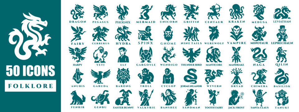 50 Flat Color Icons of Mythical Beasts from World Folklore With Names