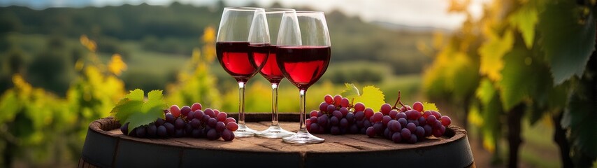 Bottles And Wine glasses With Grapes And Barrel In Rural Scene | winery, wine tasting concept | panoramic, banner