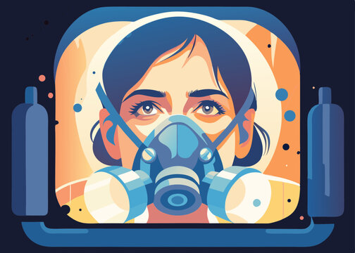Woman wearing respirator, futuristic style, warm colors, for safety awareness campaigns
