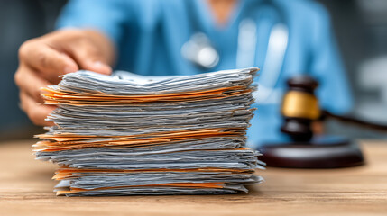 Distressed doctor holding legal documents with worried expression, symbolizing medical lawsuit stress and legal challenges in healthcare profession.
