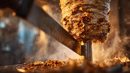Photograph of a large, vertical rotating spit of shawarma meat. The outer layer of the meat is golden and crispy. 