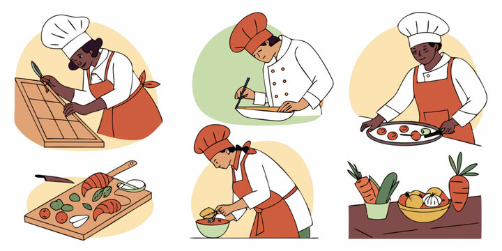 Chefs preparing food professional kitchen culinary arts cooking skills restaurant staff food preparation vector design