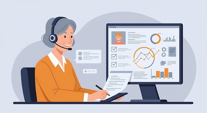 Senior customer service representative working on a computer with data charts.