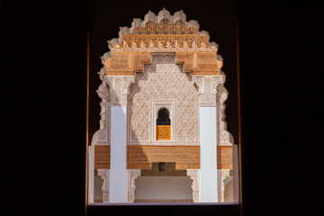 Scenic view of ornate architectural detail in Madrasa Ben Youssef mosque in the Old Town Medina area of Marrakech, west Morocco 