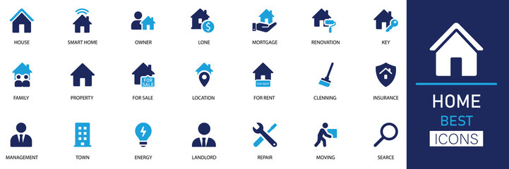Home icon set. Modern vector icons for property, loan, family, insurance, energy, repair, cleaning and smart home. Perfect for real estate, rent, and housing ads.