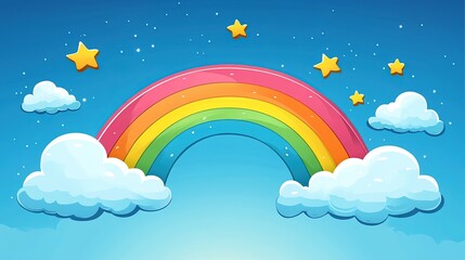 Colorful rainbow arching over fluffy clouds in a vibrant blue sky dotted with stars