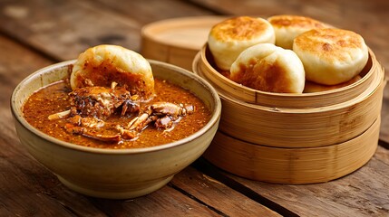 A bowl of rich 'Chilli Crab' sauce with pieces of crab meat, next to a bamboo steamer with golden, fried 'mantou' buns.