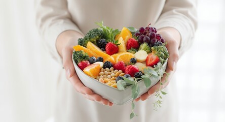 Heart Shaped Bowl Full of Diverse Fresh Fruits and Vegetables in Woman's Hand with Gentle Lighting Highlighting the Vibrant Colors of Strawberries, Blueberries, Oranges, Grapes, and Broccoli