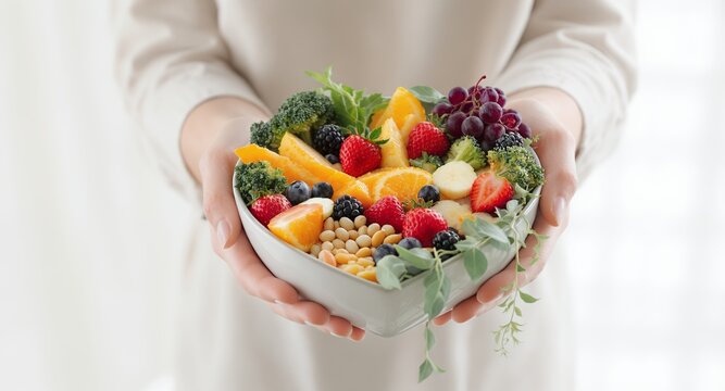 Heart Shaped Bowl Full of Diverse Fresh Fruits and Vegetables in Woman's Hand with Gentle Lighting Highlighting the Vibrant Colors of Strawberries, Blueberries, Oranges, Grapes, and Broccoli