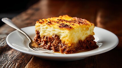 A tall, perfectly cut slice of Shepherd's Pie on a white plate. The bottom layer of minced lamb and the top layer of golden-brown mashed potatoes with fork marks are clearly distinct.
