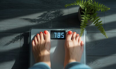 Overhead View of a Woman Weighing on a Digital Scale with Red Toenails and a Potted Fern with Natural Lighting in a Gray Wooden Floor Background for Health and Wellness Concepts near the Window
