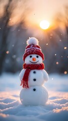 Adorable snowman in red hat and scarf at sunset