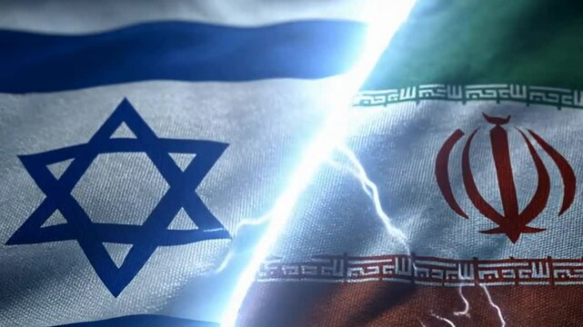 flags of Israel and Iran with lightning between them standoff