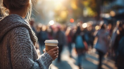 Street scene with a girl holding a coffee cup, autumn vibe, blurred people in background, soft morning light, realistic photo style.