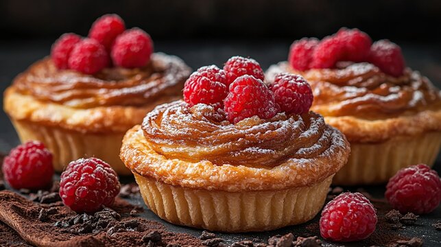 Delicious raspberry tarts with a light pastry crust and creamy filling, topped with fresh raspberries and powdered sugar