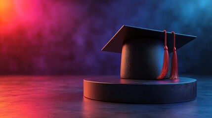 Graduation cap on podium, colorful background, academic event, photo opportunity