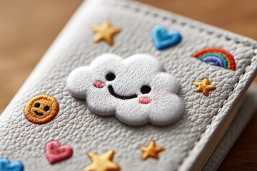 Embroidered cloud design on light gray leather.