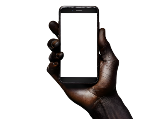 Dramatic image of a hand holding a mobile phone with a blank white screen