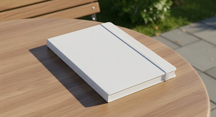 Blank White Hardcover Notebook on Wooden Table, Mockup for Business, Journal, Diary, Planner, or Sketchbook