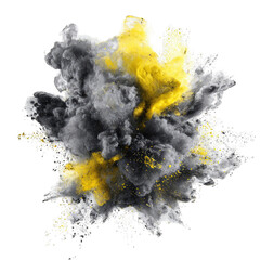 Abstract explosion of dark gray and yellow colored smoke and powder