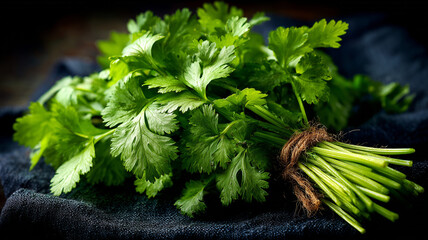 Fototapeta premium Fresh coriander bundle with vibrant green leaves on dark fabric