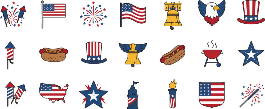 Patriotic American Holiday Icons Fireworks, Flags, and More