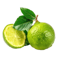 Two fresh limes, one halved, with leaves