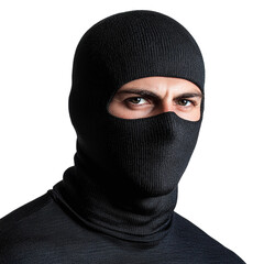 Man in a black balaclava, isolated on transparent background.
