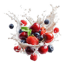Fresh berries and cherries in a milk splash