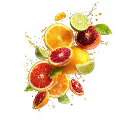 Colorful citrus slices exploding in a juice burst