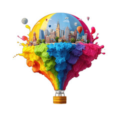 Colorful city within a hot air balloon-shaped lightbulb bursting with paint
