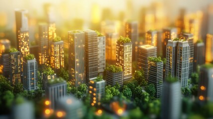 Sustainable city skyline at dawn, futuristic urban landscape, possible use in presentations about green energy