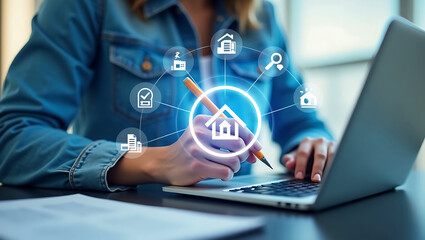 Real estate management. shipment real estate using a tablet interactive digital checklists, housing icons, and investment tools for efficient property management and project organization