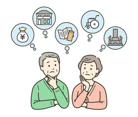 高齢夫婦がお金や住まいや介護やお墓や遺言書に悩む上半身イラスト
