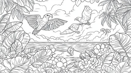 Obraz premium Tropical birds in flight over a serene beach scene. Lush foliage and exotic flowers frame the horizon