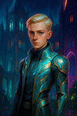 Retrato estilo futurista y catedral de fondo estilo g&oacute;tico