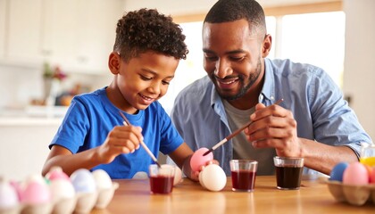 Little boy and father collaboratively painting easter eggs with brushes and colorful dyes in a joyful family activity