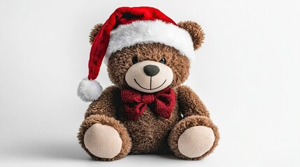 Adorable teddy bear wearing a festive Christmas hat and bow tie