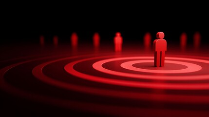 Red human figures stand on concentric red circles, symbolizing targeting, focus, or isolation in a dark environment with a glowing effect.