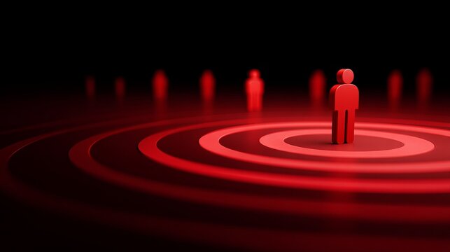 Red human figures stand on concentric red circles, symbolizing targeting, focus, or isolation in a dark environment with a glowing effect.