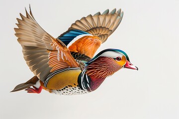 Obraz premium Brightly colored mandarin duck gliding gracefully intricate feather patterns captured in sharp clarity isolated on a white background