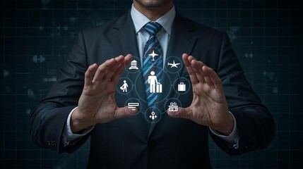 Man in Dark Suit Holding Holographic Travel Icons Digital Lucid Realism Image blue