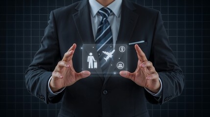 Man in Dark Suit Holding Transparent Travel App Interface Airplane Icon Luggage Symbol black