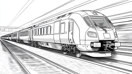 Naklejka premium Monochrome train speeding through a tunnel. A detailed illustration of a modern passenger train